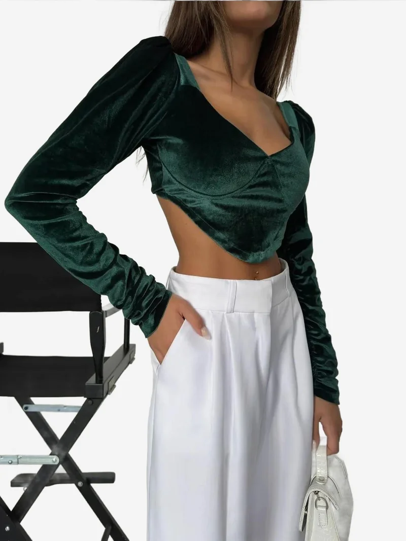 Velvet Puff Sleeve Cropped Blouse