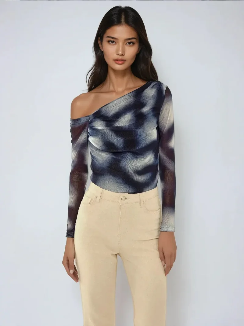 Asymmetrical Collar Tulle Blouse