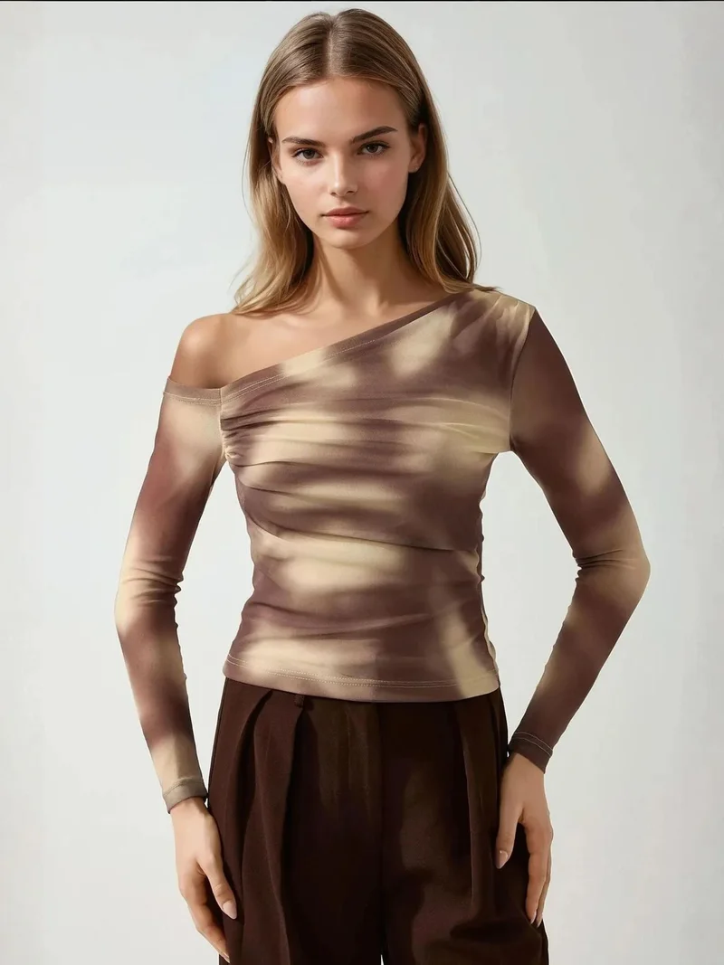 Asymmetrical Collar Tulle Blouse