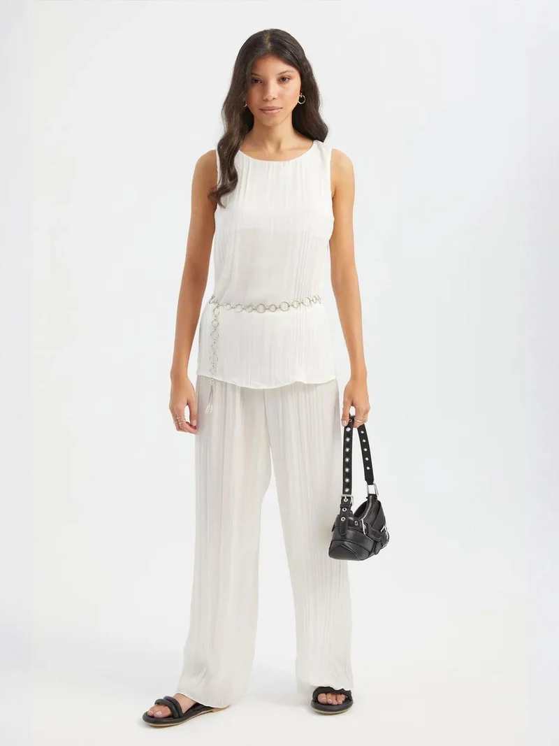 Round Neck Plisse Blouse with Belt