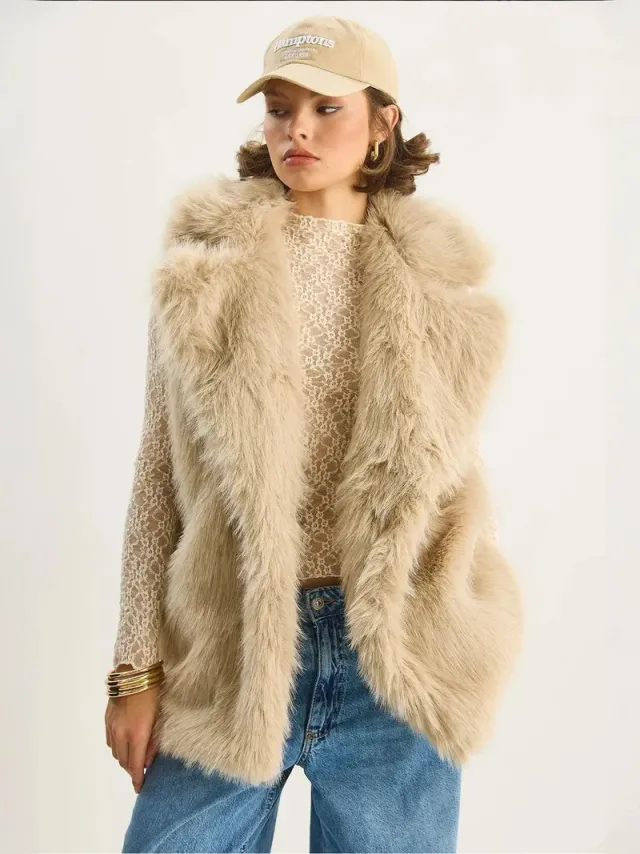 Beige Faux Fur Vest for Women with Notch Lapel and Tie-Up Closure