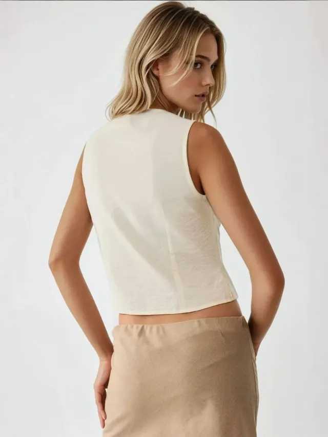 Women's Crew Neck Sleeveless Button-Up Blouse – image 5