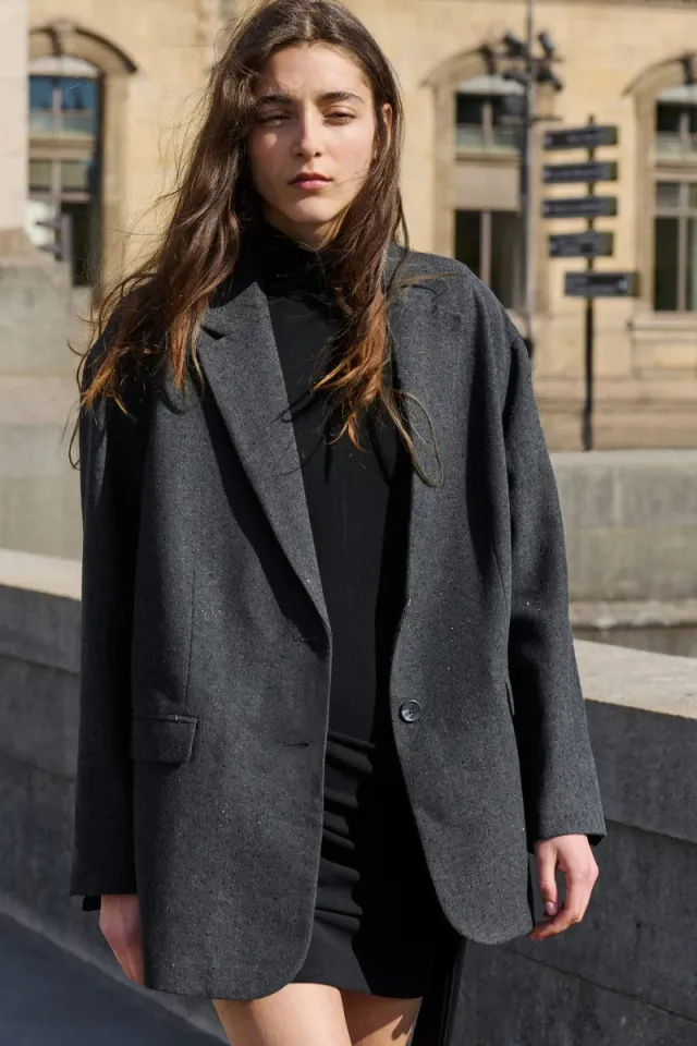 Oversized Black Herringbone Blazer with Tone-on-Tone Rhinestone Embellishment – image 2