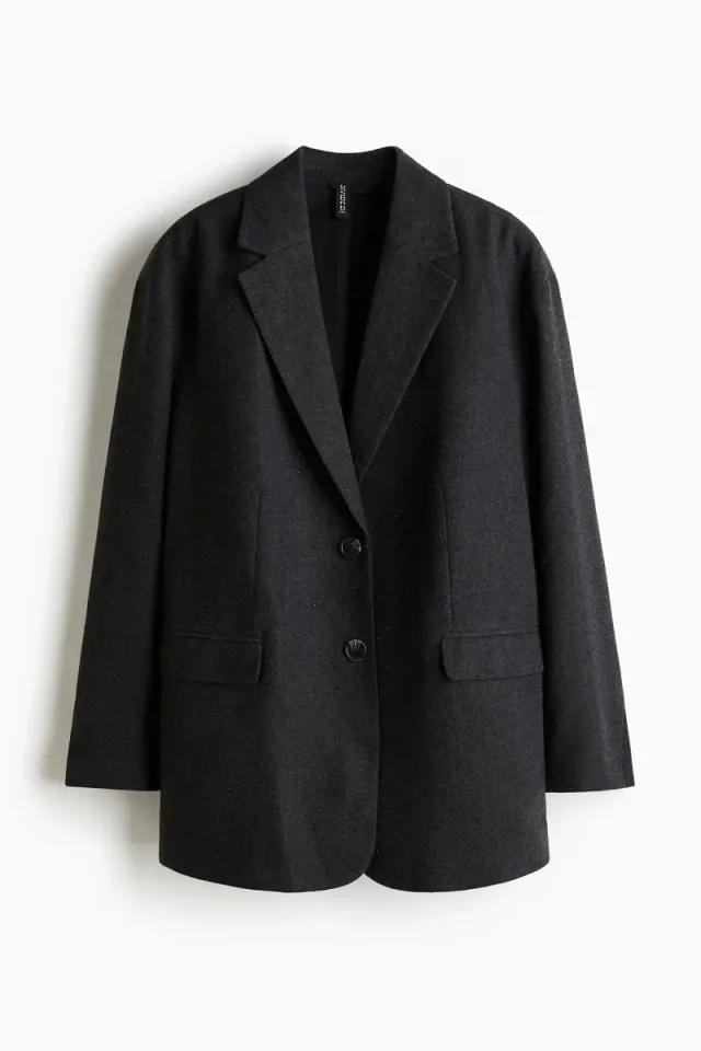 Oversized Black Herringbone Blazer with Tone-on-Tone Rhinestone Embellishment – image 6