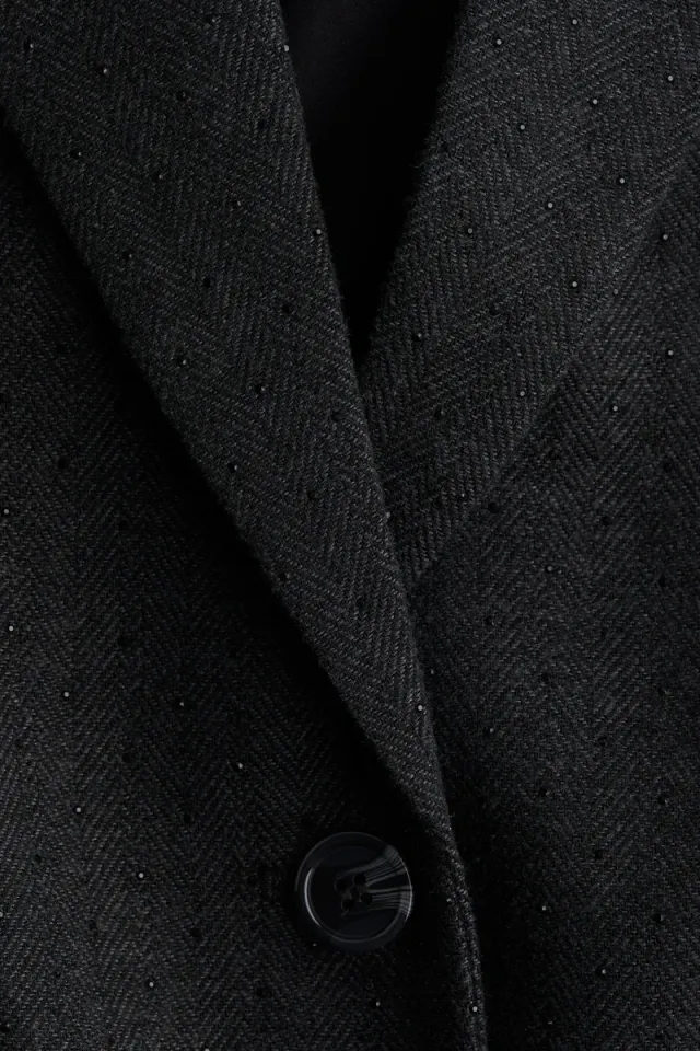Oversized Black Herringbone Blazer with Tone-on-Tone Rhinestone Embellishment – image 7