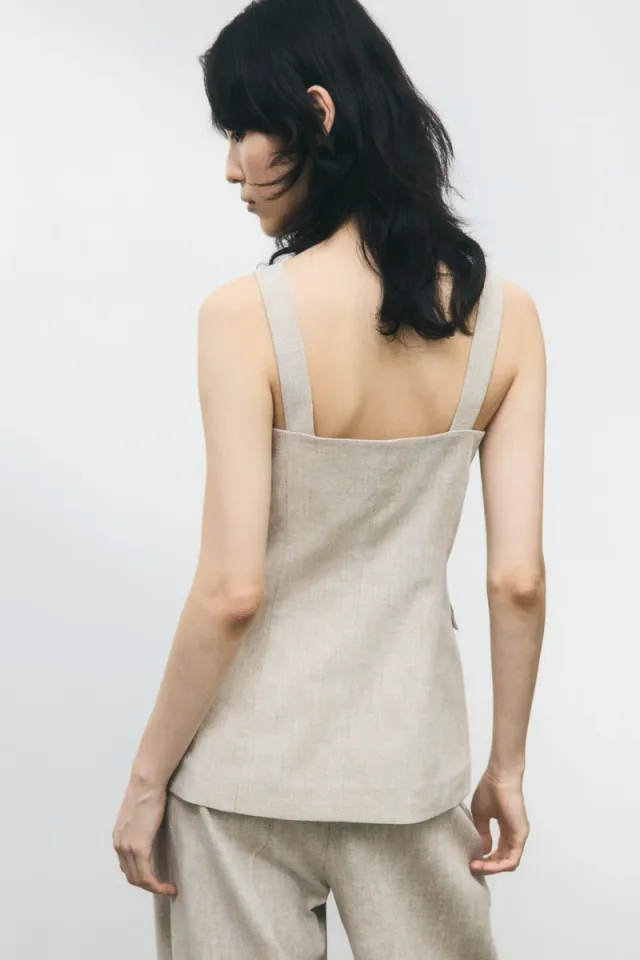 Beige Cotton-Linen Long Fitted Waistcoat for Women – image 4