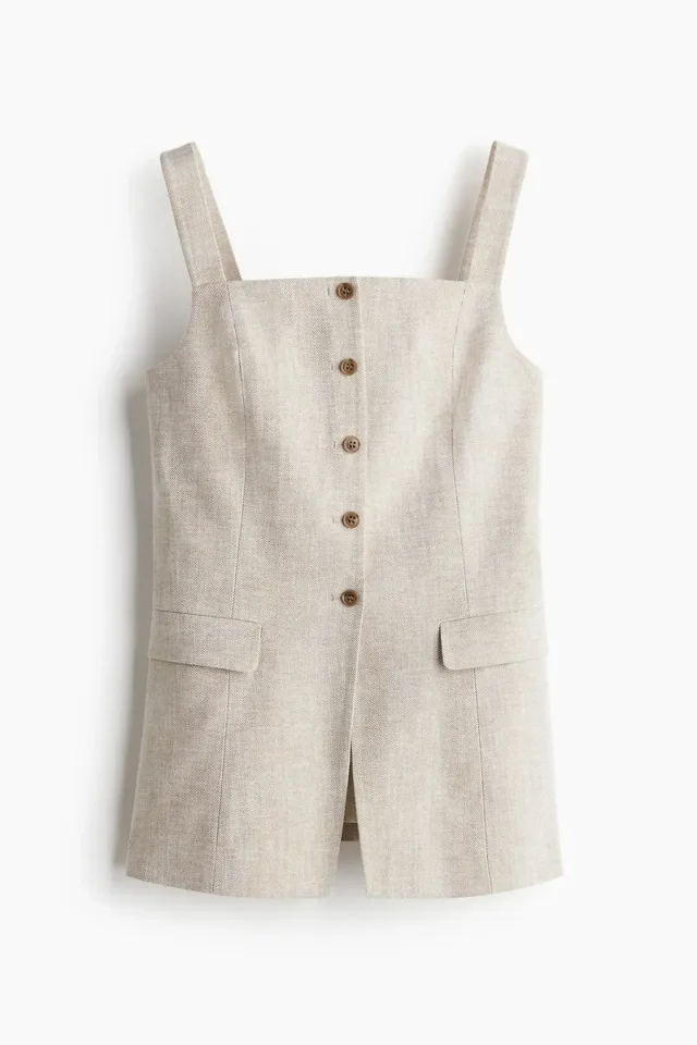 Beige Cotton-Linen Long Fitted Waistcoat for Women – image 5