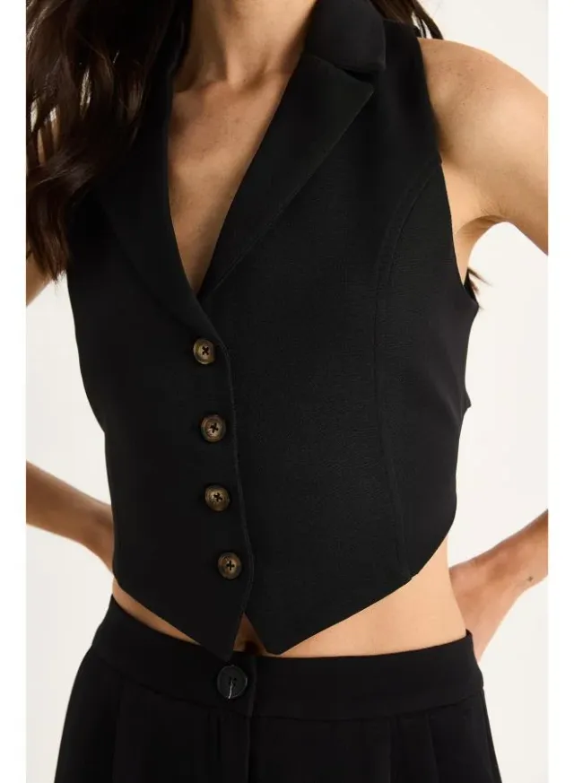 Black Cropped Button-Up Vest for Women – image 5