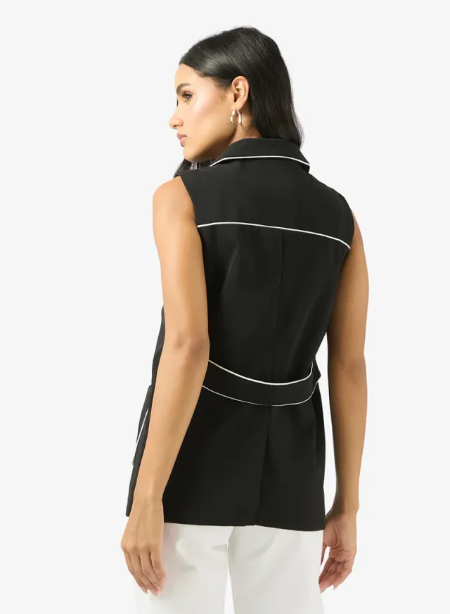 Women's Black Longline Button-Up Vest with Contrast Trim – image 2