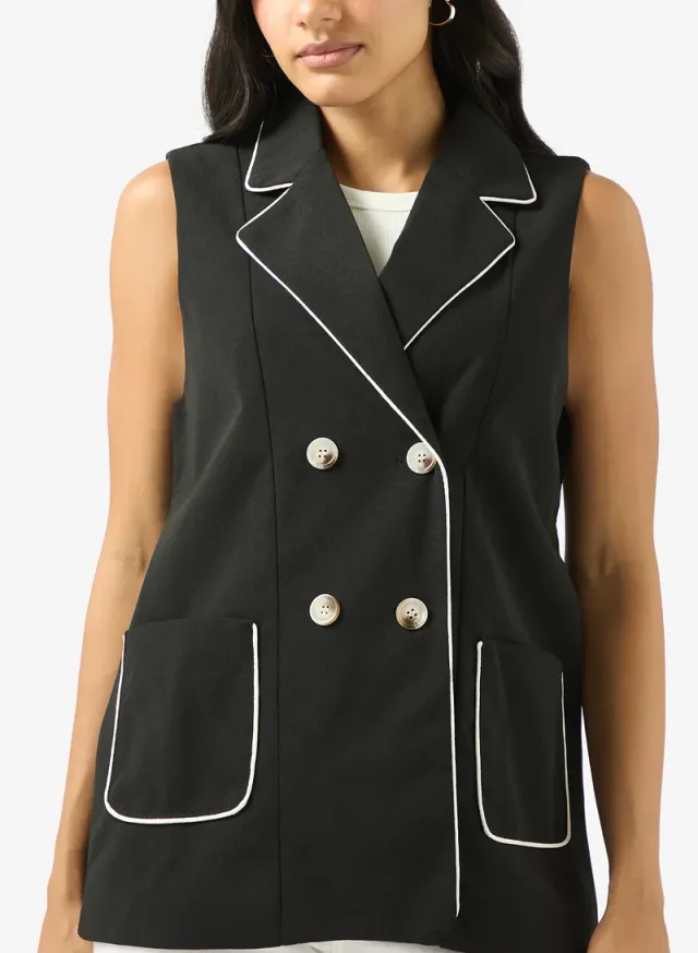 Women's Black Longline Button-Up Vest with Contrast Trim – image 3