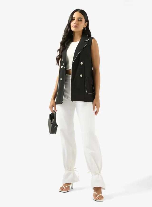 Women's Black Longline Button-Up Vest with Contrast Trim – image 4
