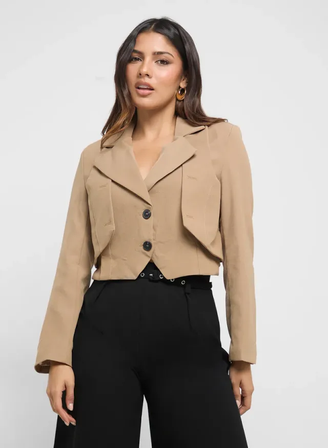 Beige Cropped Blazer for Women - Casual Style