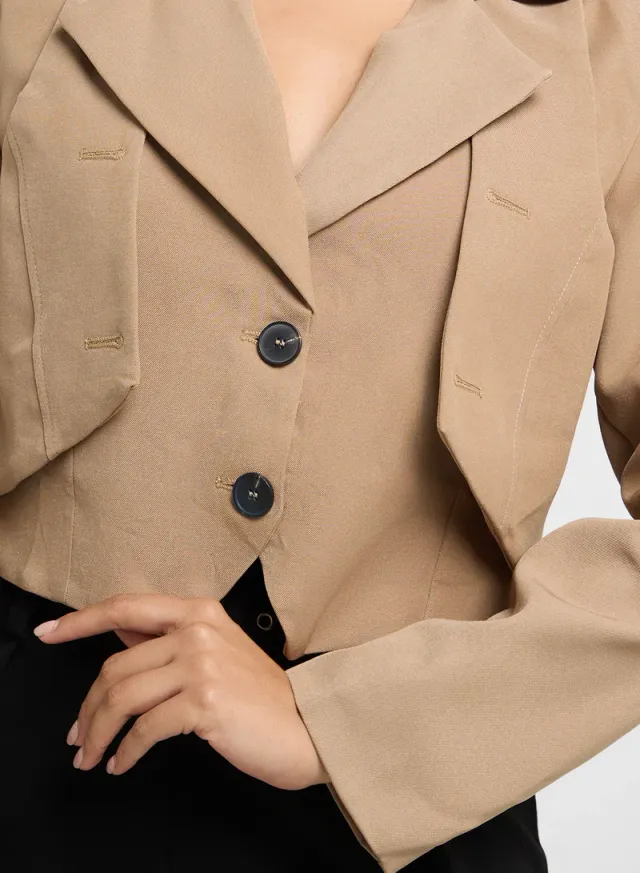 Beige Cropped Blazer for Women - Casual Style – image 3
