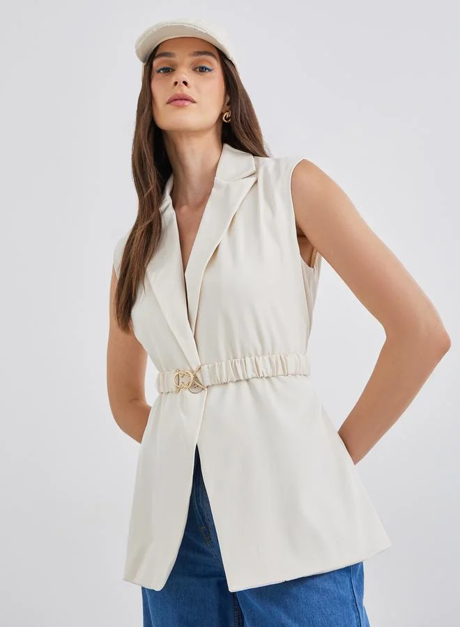 Women's Longline Sleeveless Belted Blazer Off White