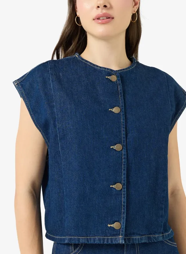 Medium Blue Denim Cap Sleeve Dropped Shoulder Jacket for Women – image 4