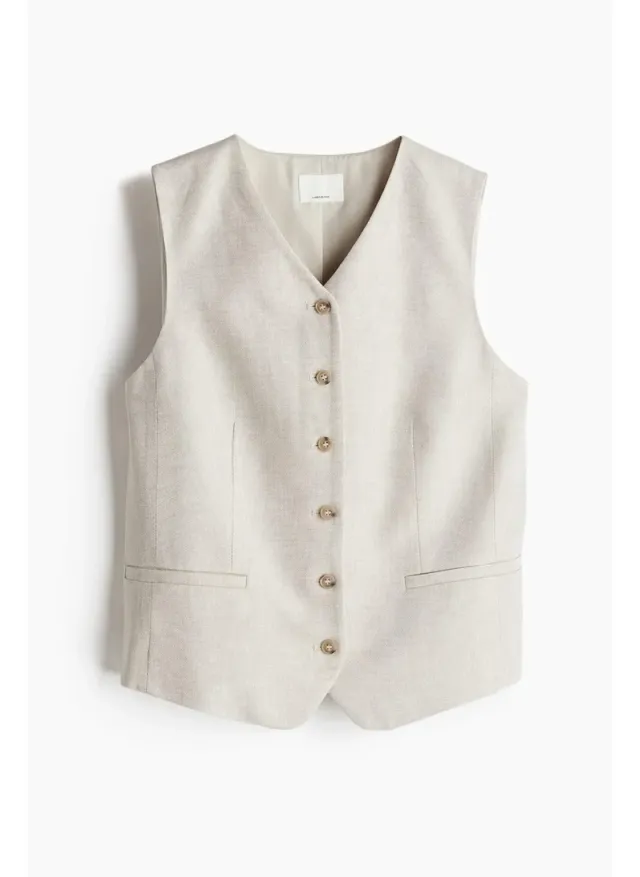 Women's Greige Linen-Blend V-Neck Waistcoat with Welt Pockets – image 3