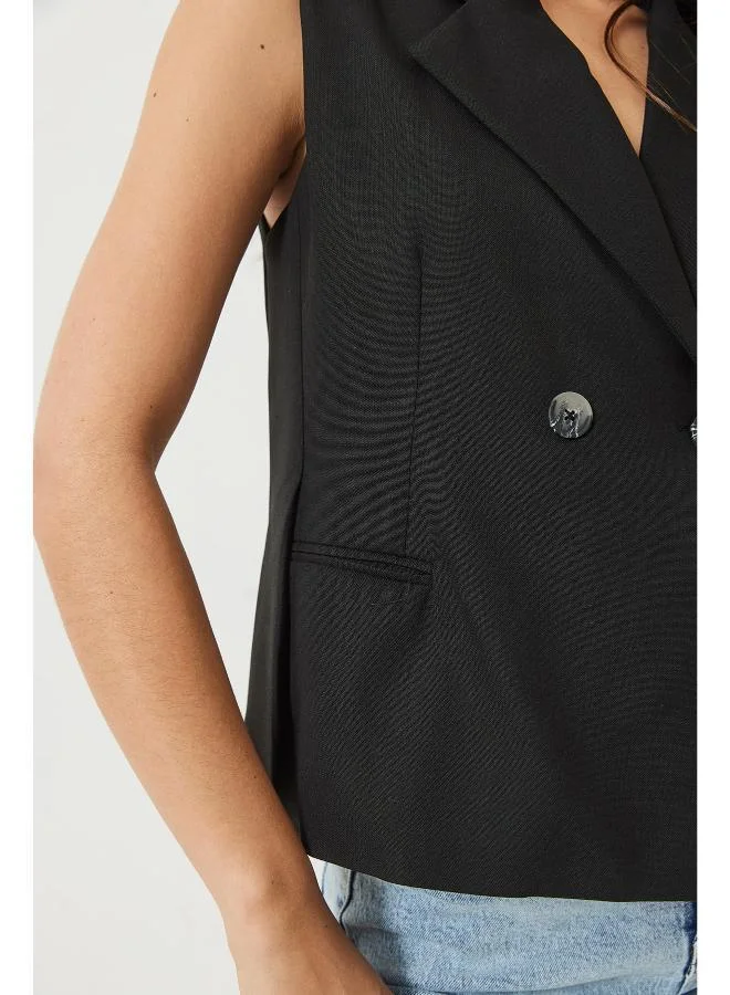 Black V-Neck Button-Up Tailored Vest for Women