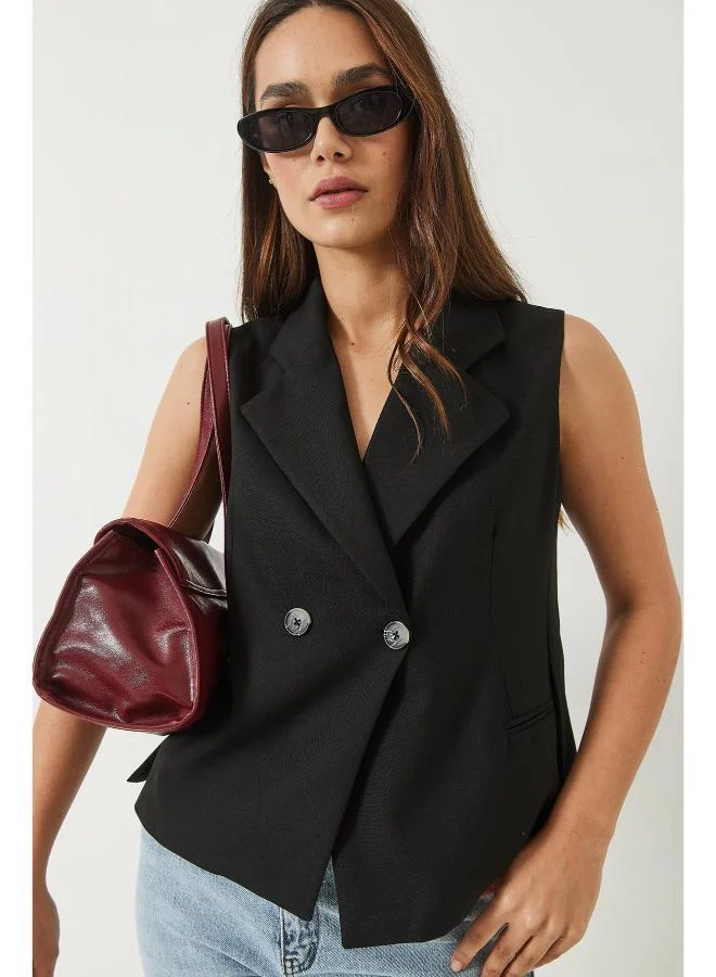 Black V-Neck Button-Up Tailored Vest for Women