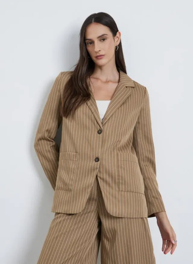 Navy Blue Pinstripe Regular Fit Blazer for Women – image 2