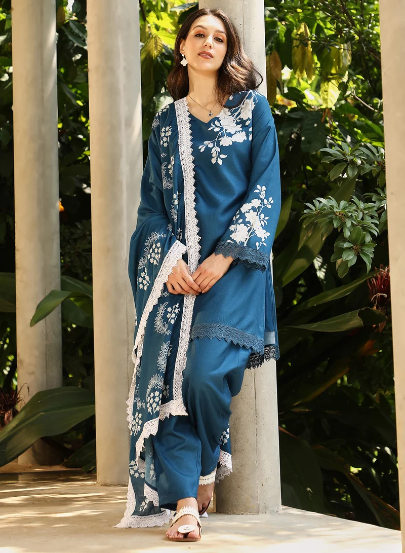 Women's Flora-Block Kurta Set, Indigo Blue