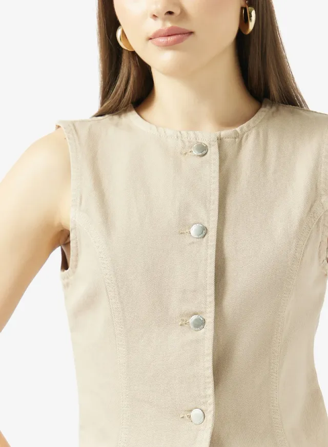 Women's Solid Crew Neck Sleeveless Gilet with Button Closure – image 4