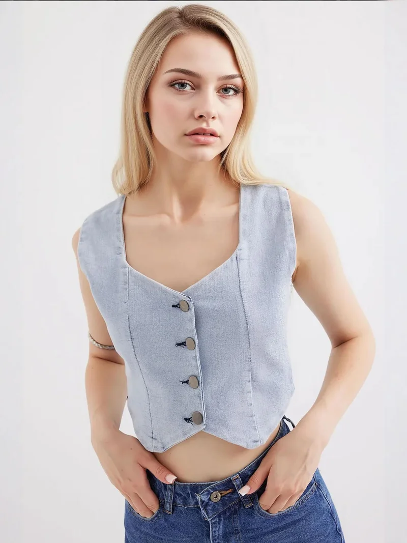 BDART Fitted Denim Waistcoat Square Collar