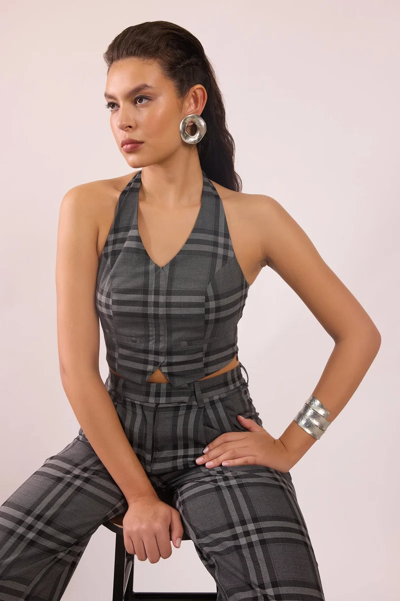 Women's Recycled Poly Check V-Neck Sleeveless Top
