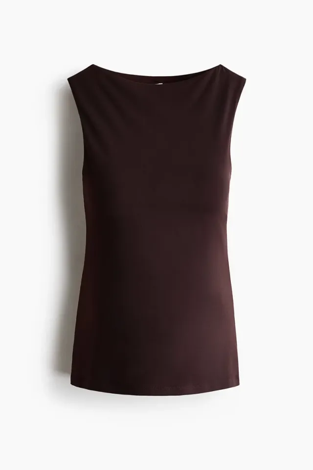 Brown Dark Boat Neck Sleeveless Bodycon Top for Women – image 4