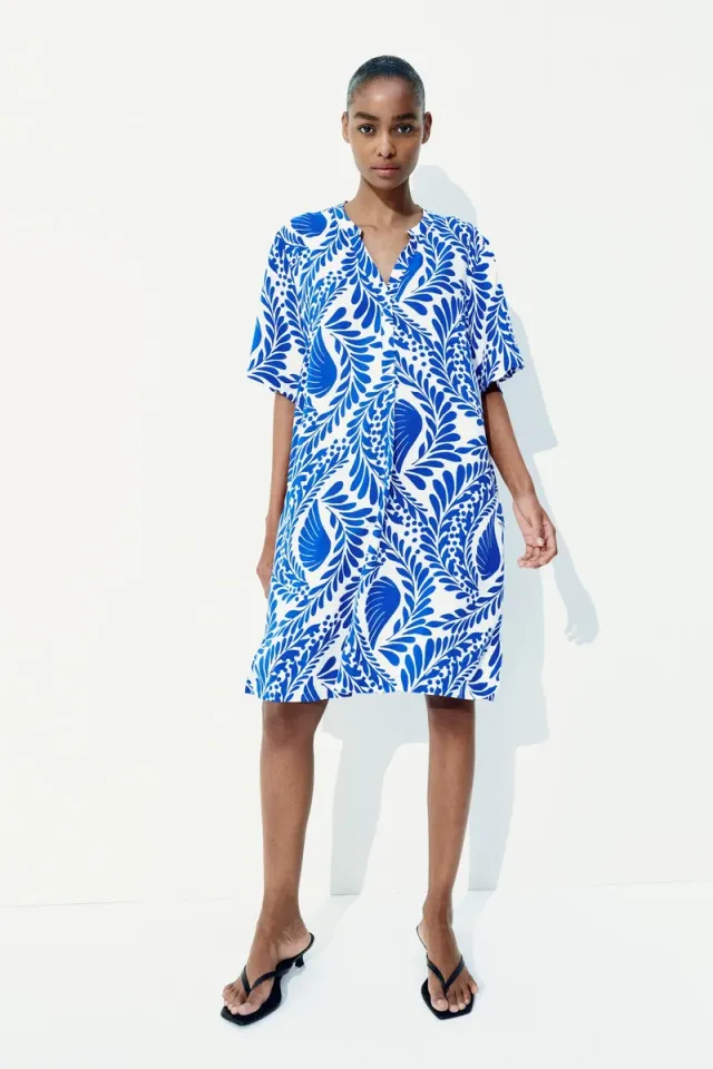 Viscose V-Neck Midi Tunic Dress with Side Slits