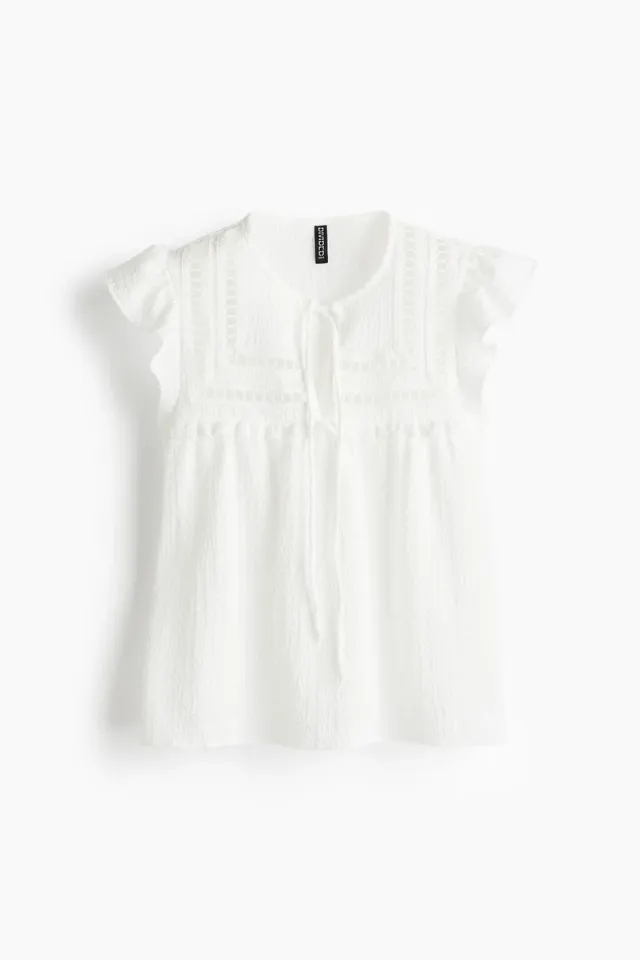 White V-Neck Textured Jersey Top with Lace Insets and Flutter Sleeves – image 5