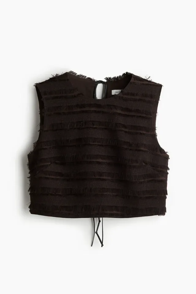 Brown Cropped Fringe-Trimmed Sleeveless Top with Keyhole Back – image 4