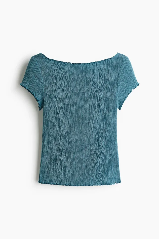 Fitted Boat Neck Top with Crinkled Texture, Short Sleeves, Turquoise Dark – image 4