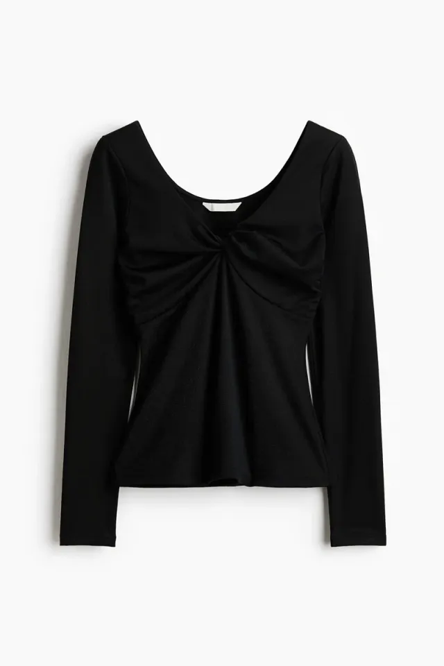 Black Long-Sleeve V-Neck Top with Glittery Twist Detail – image 5