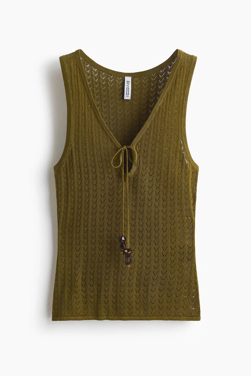 Pointelle Knit Tie-Detail Top