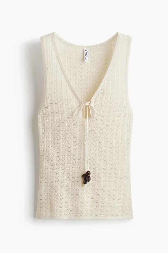 White V-Neck Sleeveless Pointelle-Knit Top with Tie Detail – image 5