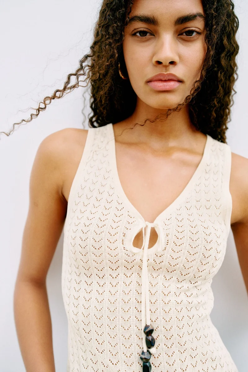 Pointelle Knit Tie-Detail Top