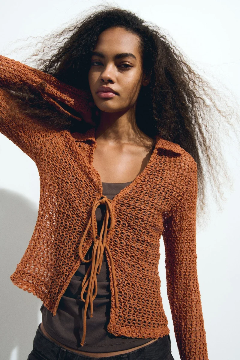 Tie-front Hole-knit Top