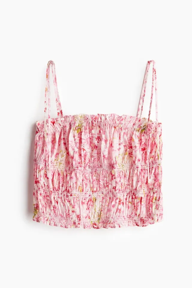 Pink Bright Floral Smocked Cropped Top for Women – image 4