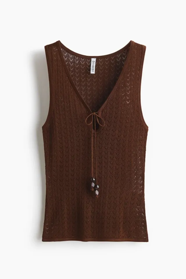 Brown Dark V-Neck Sleeveless Pointelle Knit Top with Tie Detail – image 4
