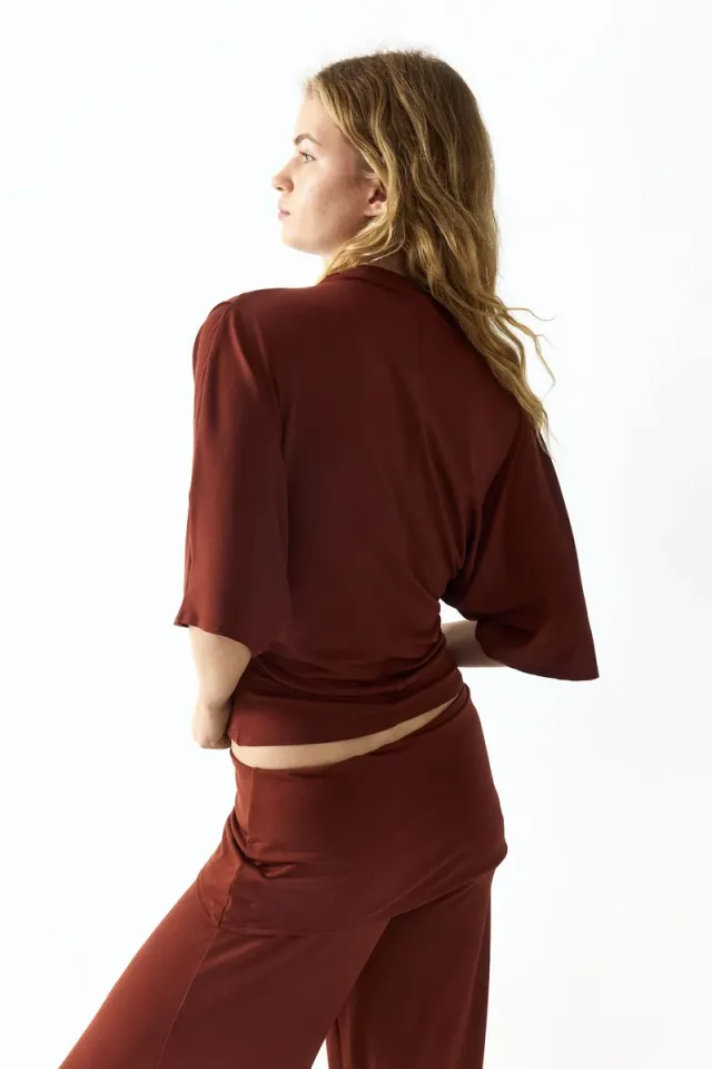 Brown High-Neck Cropped Batwing-Sleeve Jersey Top for Women – image 2