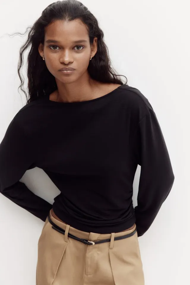 Fitted Boat Neck Long Sleeve Cowl Back Jersey Top - Black