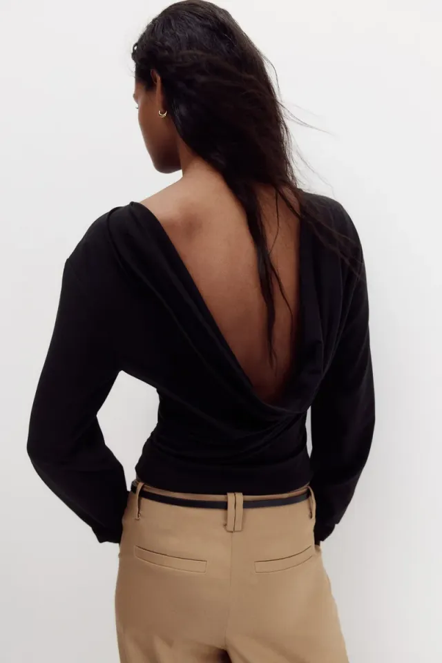 Fitted Boat Neck Long Sleeve Cowl Back Jersey Top - Black – image 5