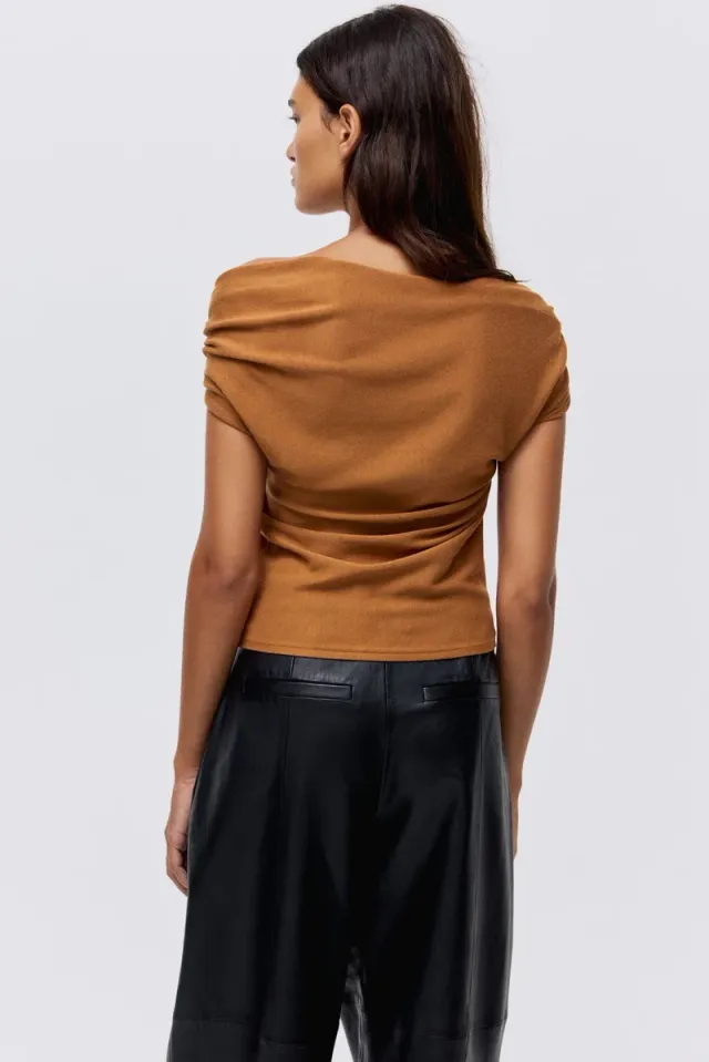 Brown One-Shoulder Bodycon Top with Shiny Metal Detail – image 4