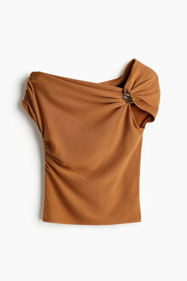 Brown One-Shoulder Bodycon Top with Shiny Metal Detail – image 5