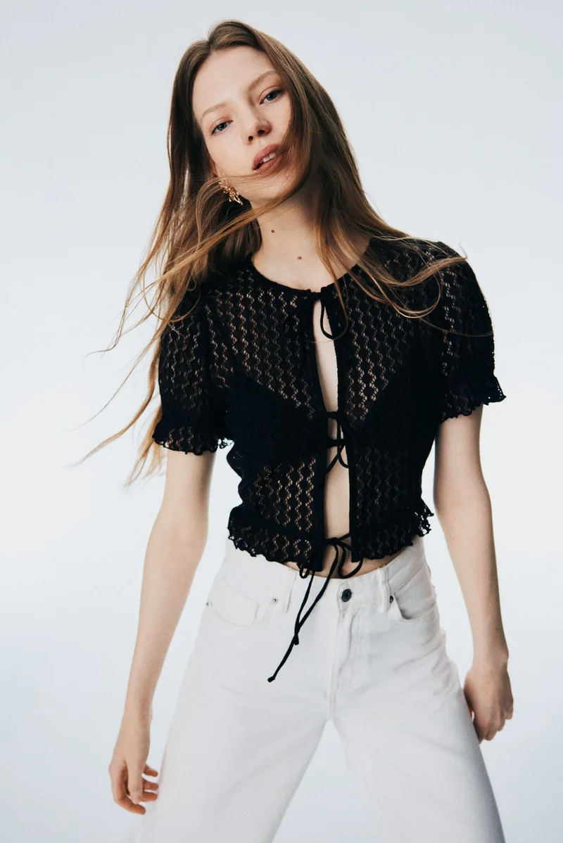 Cropped Pointelle Knit Top