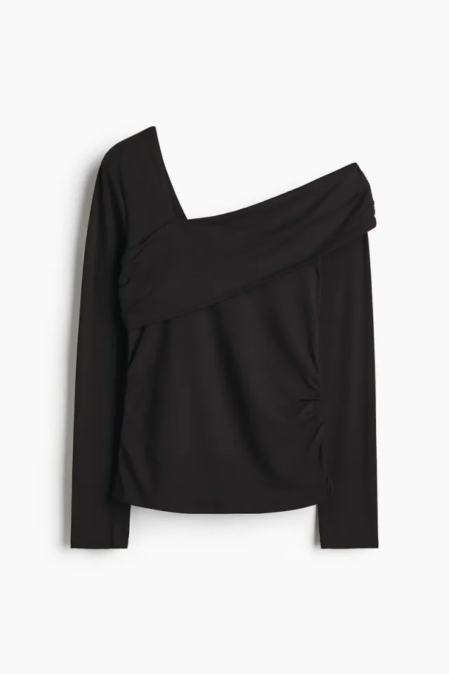 Black Asymmetrical Neck Long-Sleeve Bodycon Top – image 5