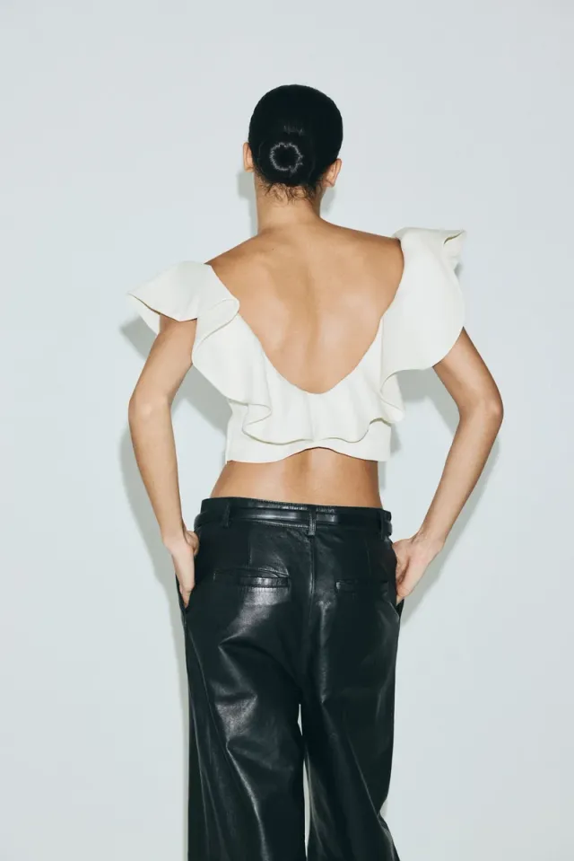 V-neck Cropped Top with Flounce Trim (White) – image 5