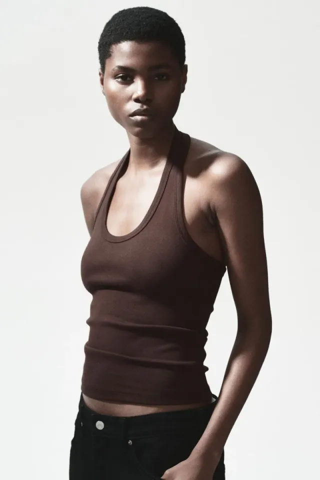Brown Halterneck Sleeveless Top - Cotton Jersey