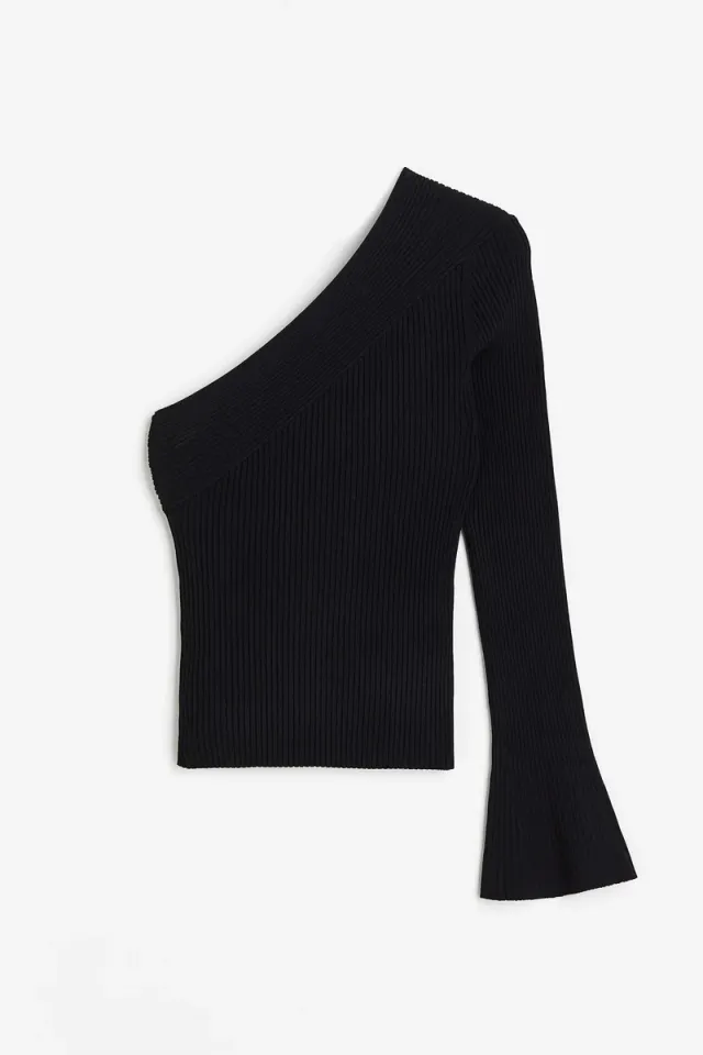 Rib-knit One-Shoulder Top with Flared Cuff in Black