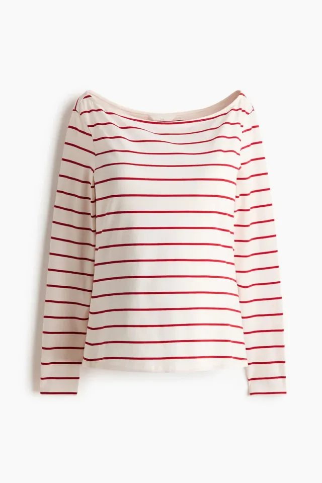 Women's Fitted Boat Neck Long Sleeve Jersey Top - Red Bright – image 4